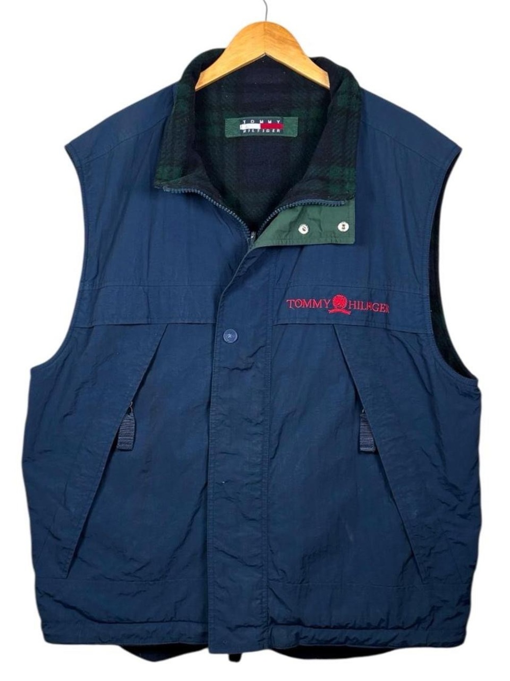 Vintage 90s Tommy Hilfiger Reversible Plaid Fleece Vest Mens Size XXL Navy Blue